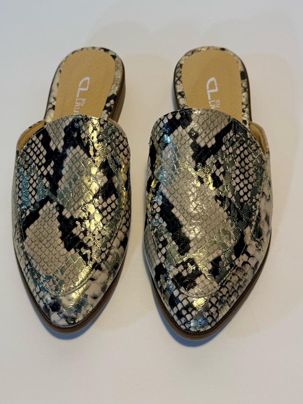 CL by Laundry Snake Print Mule Loafers Metallic Pointed Toe Slides Size 7M